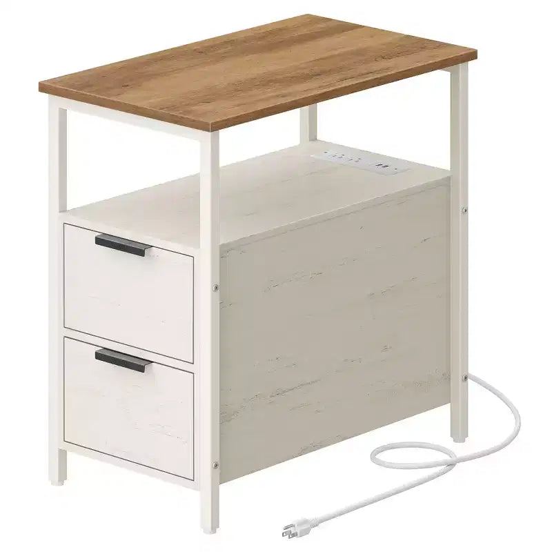 Table d'appoint avec station de recharge, Table d'appoint étroite avec 2 tiroirs, Table de chevet fine avec rangement