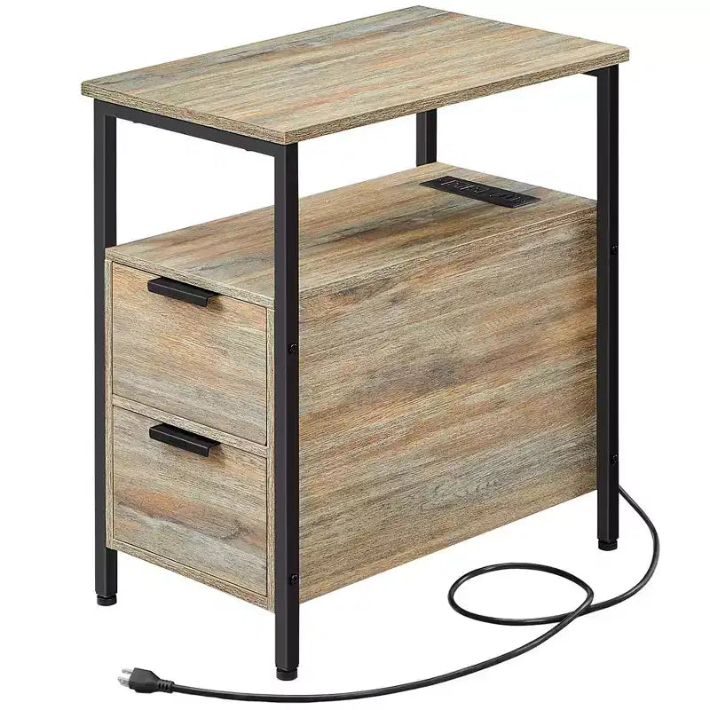 Table d'appoint avec station de recharge, Table d'appoint étroite avec 2 tiroirs, Table de chevet fine avec rangement
