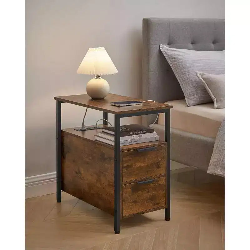 Table d'appoint avec station de recharge, Table d'appoint étroite avec 2 tiroirs, Table de chevet fine avec rangement